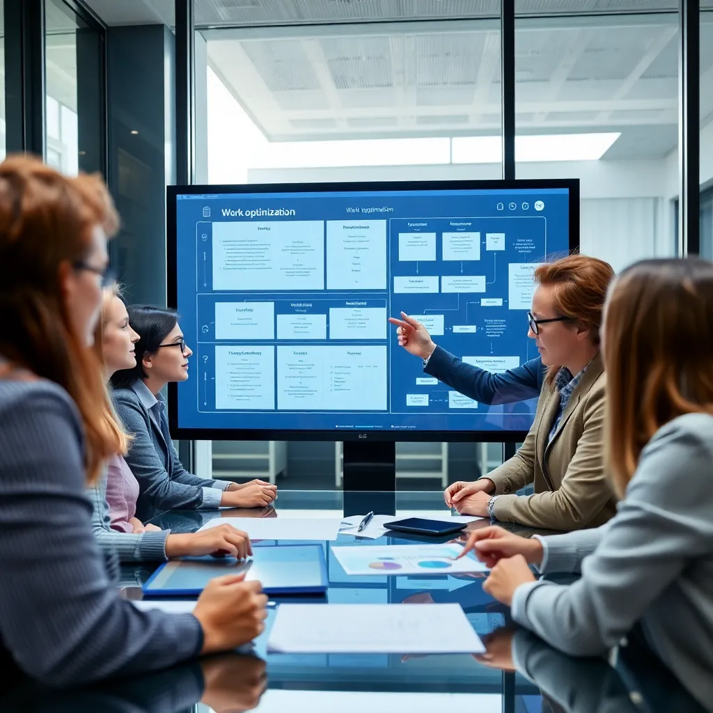 Digitale transformatie team in overleg met proceskaarten en dashboards